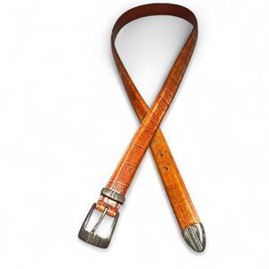 Johnston & Murphy Italian Calfskin Leather Belt Size 42 Tan Brown Croc Embossed